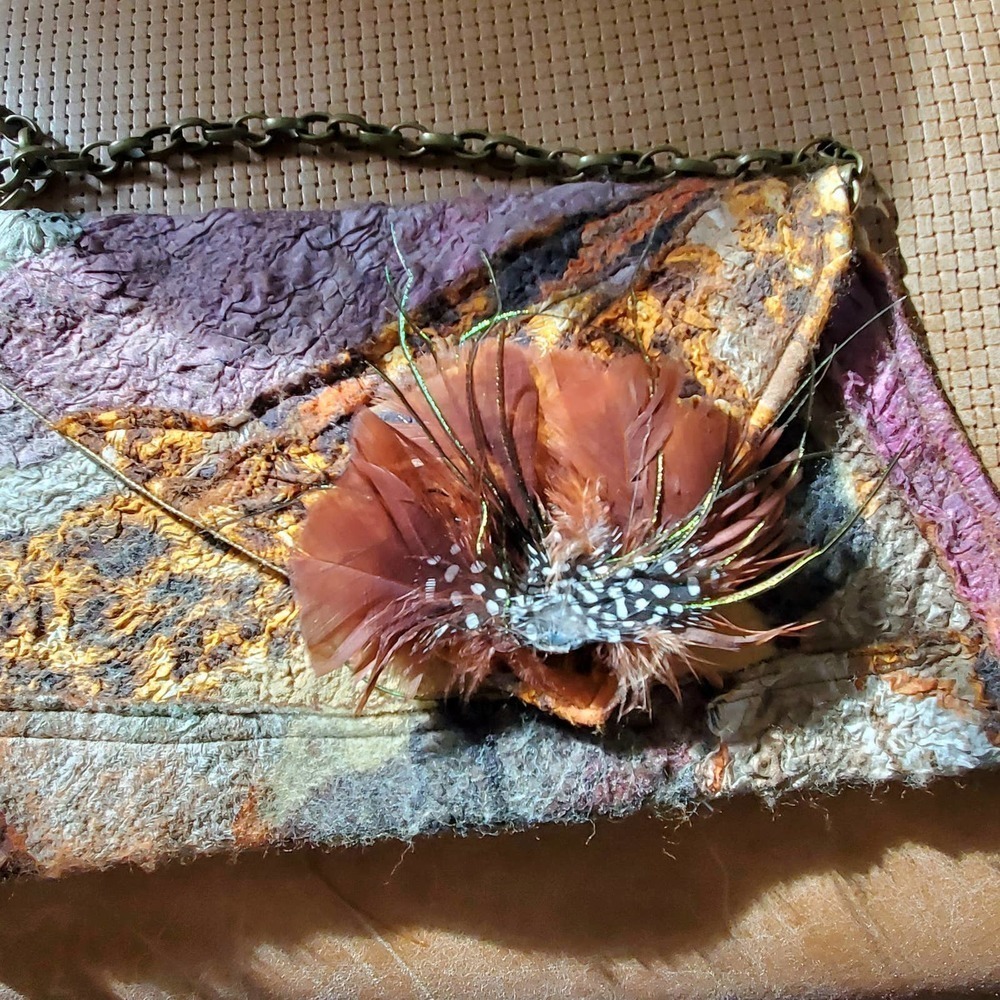 Artisan Handmade, Felted wool,‎ feathers, patchwork shoulder bag, clutch OOAK